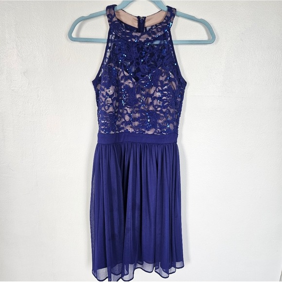 Morgan & Co. Dresses & Skirts - Royal Blue Lace Sequin Halter Neck Fit Flare Dress Party Occasion size 3/4